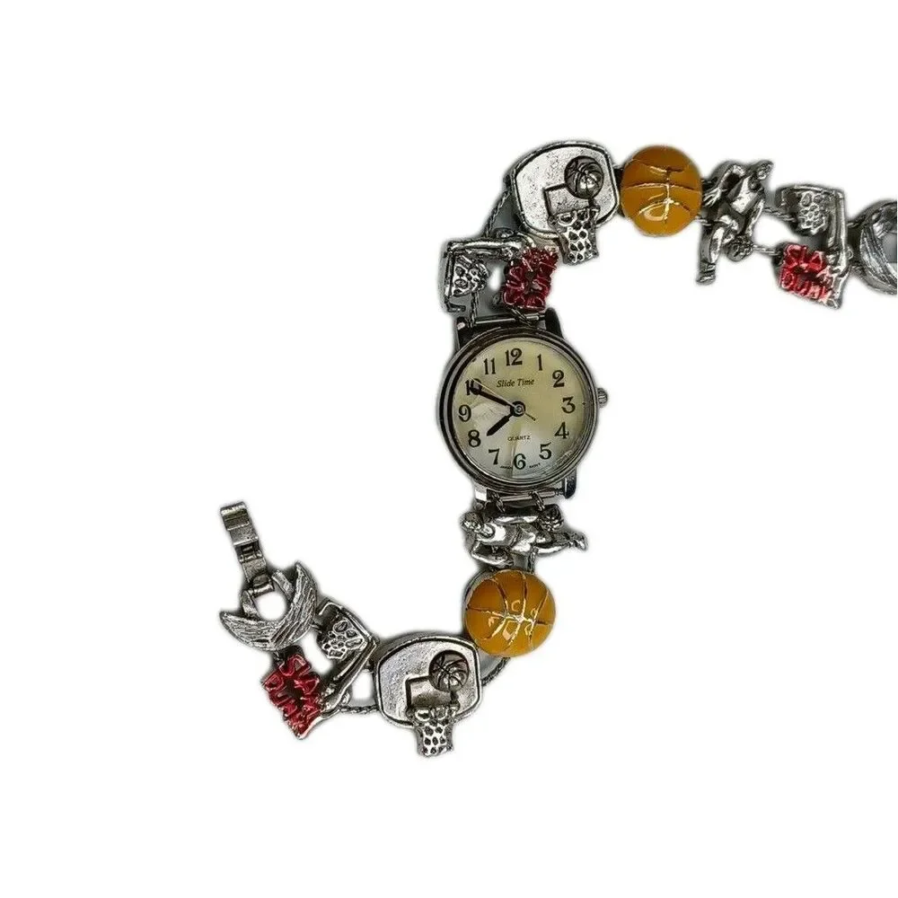 Slide Time Basketball Watch Women Charm Bracelet Mother of Pearl 7 1/4